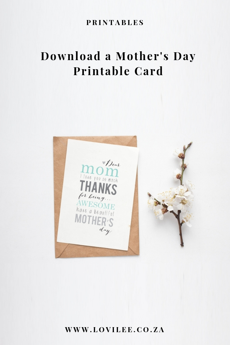 Free Mothers Day Printable Card by M.Studio, Minimalistic card mockup with cherry branch, flower, craft envelope, blossom, flat lay, top view by Ariadna Nevskaya via Shutterstock