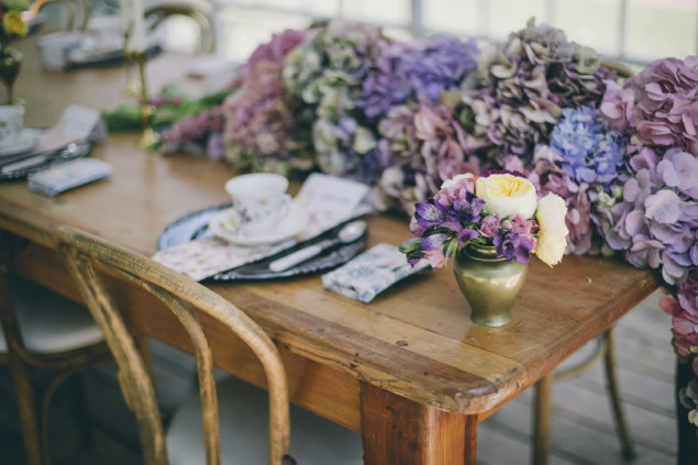 Hydrangea table runner bridal styled shoot