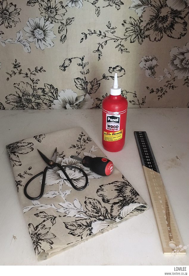 DIY cupboard shelf fabric covering 