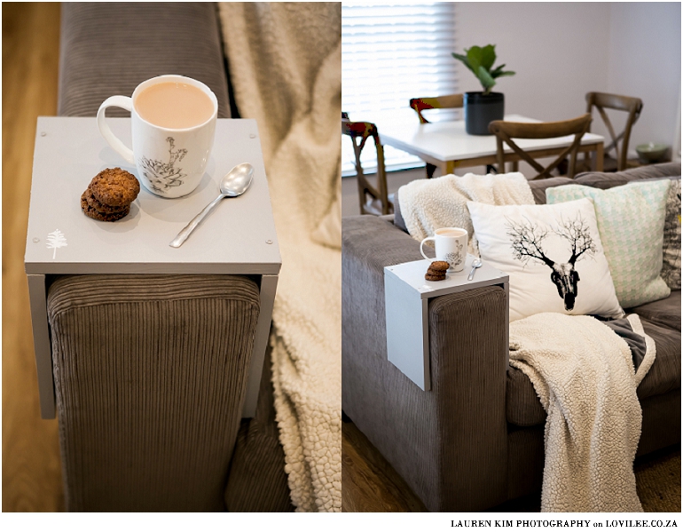 DIY couch armrest table by Lauren Kim Photography