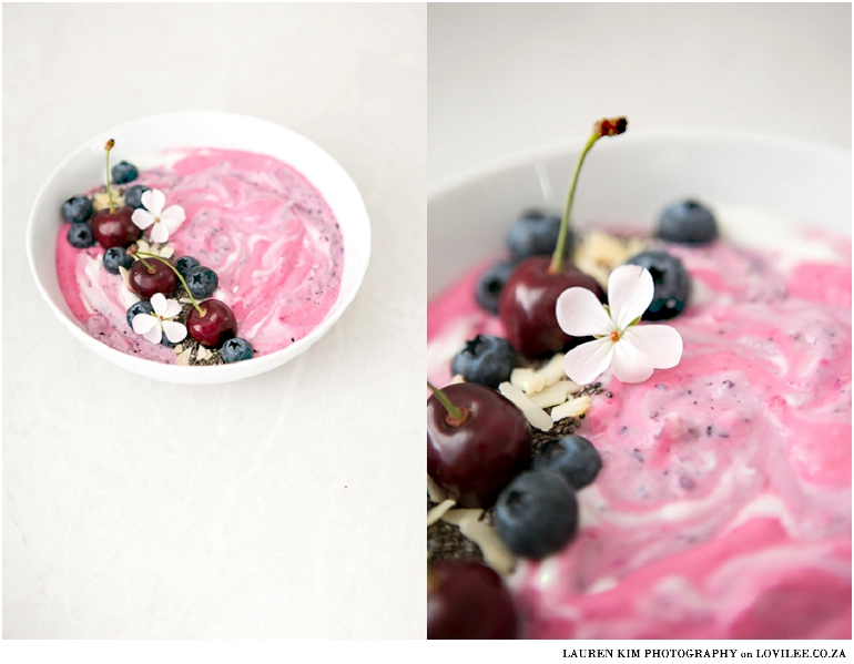 Pink and Purple Smoothie bowl - a healthy breakfast recipe by Laurem Kim Photography