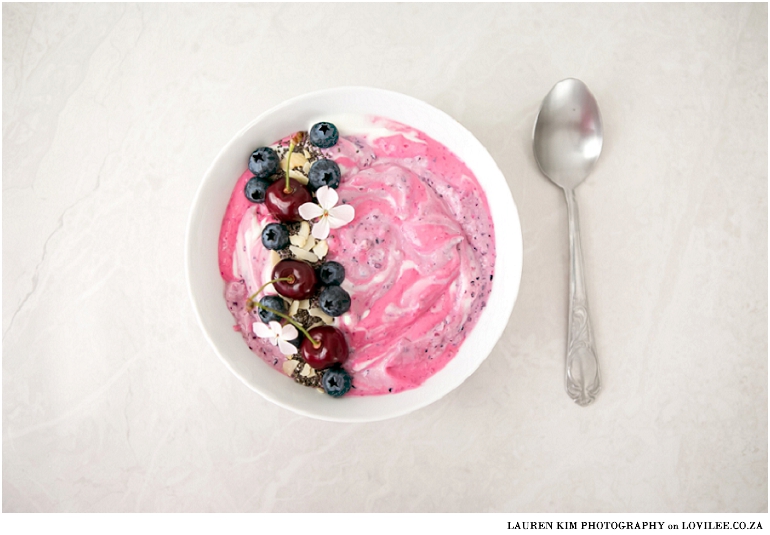 Pink and Purple Smoothie bowl - a healthy breakfast recipe by Laurem Kim Photography