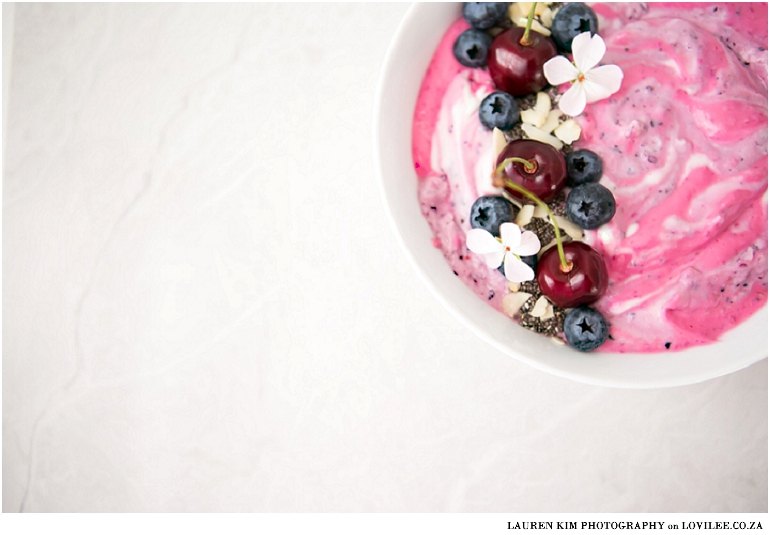 Pink and Purple Smoothie bowl - a healthy breakfast recipe by Laurem Kim Photography