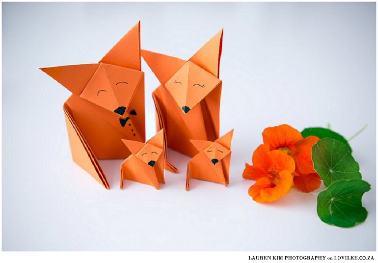 Origami paper fox family