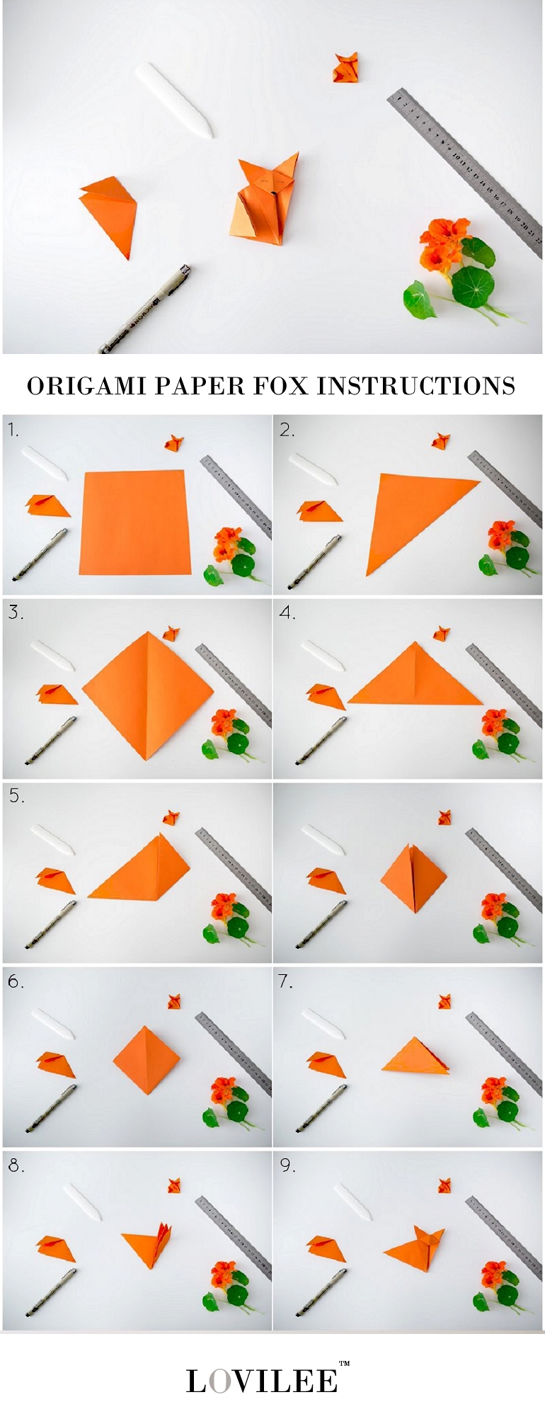 Origami paper fox folding instructions