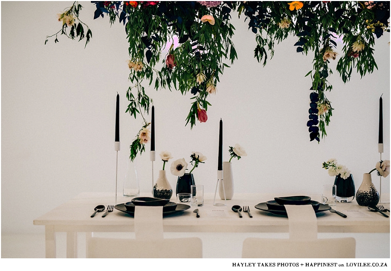 Monochrome colourfburst wedding tablescape