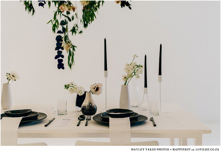 Monochrome colourburst wedding tablescape