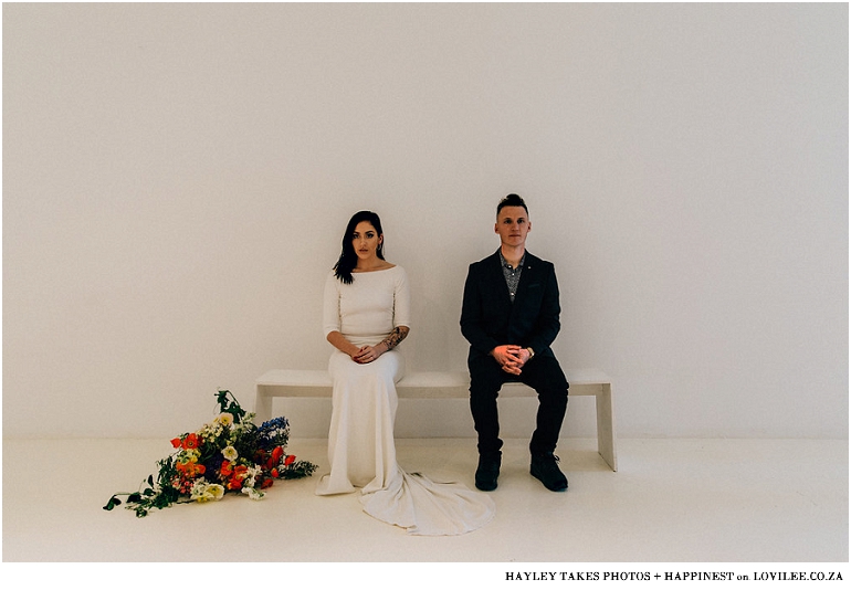 Wedding couple portrait with large colourburst bouquet