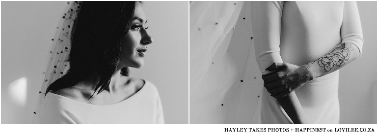 Black and white bridal portrait with confetti veil