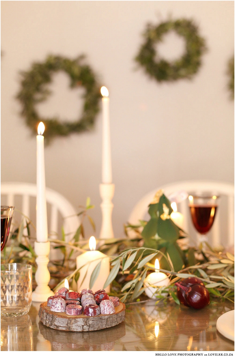 Scandinavian Christmas table decoration with olivebranches