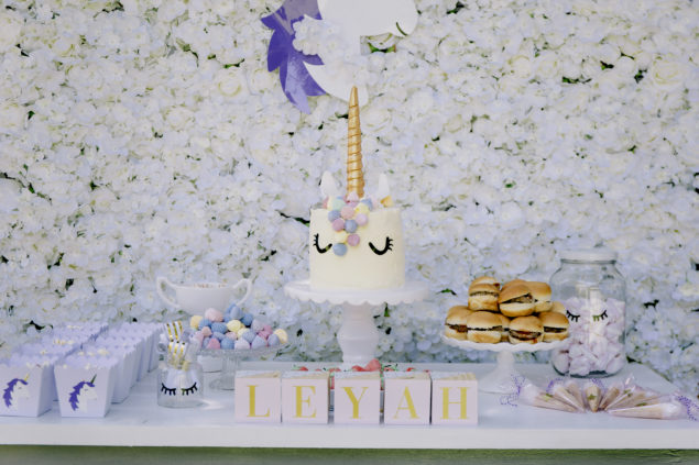 Unicorn Party candy table and unicorn cake