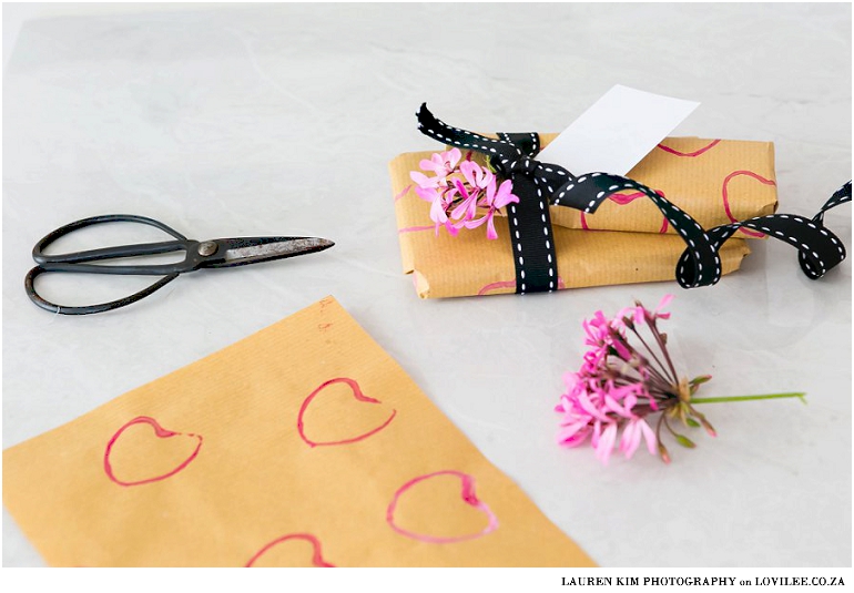 DIY Wrapping Paper with toilet paper heart stamping