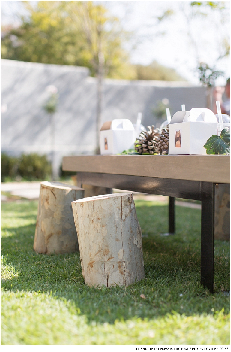 Forest theme kids party with tree stump chairs