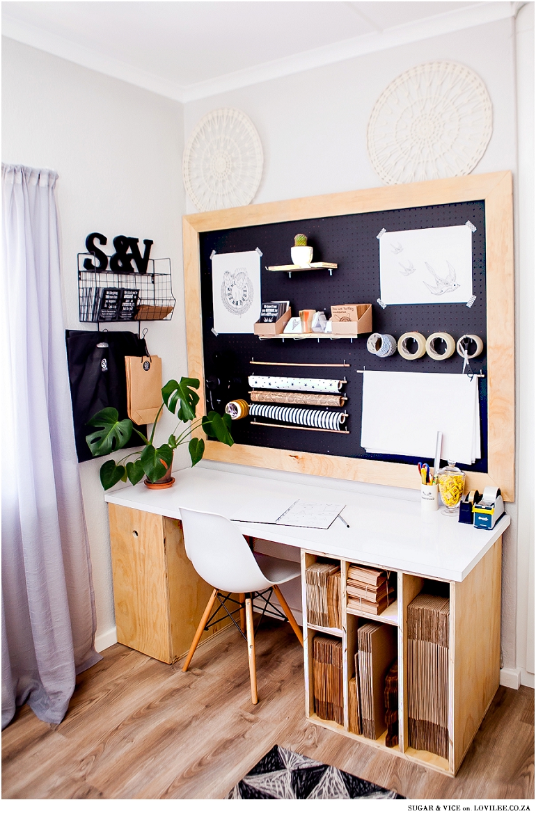 Home office pinboard with wooden frame