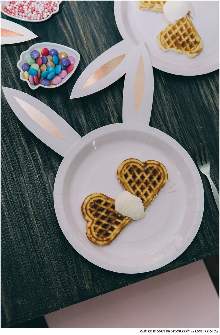 Heart shaped waffles on a bunny paper plate