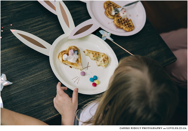 Heart shaped waffles on a bunny paper plate