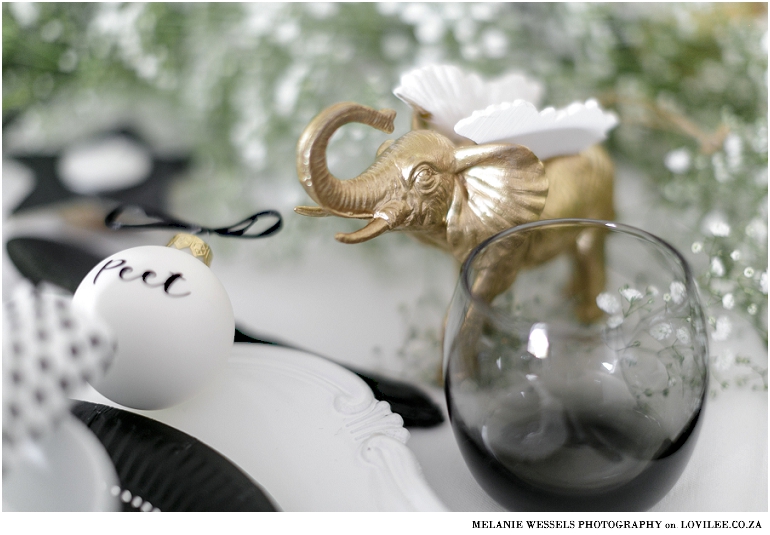 Black and White Christmas decorations with gold animals by Gonk