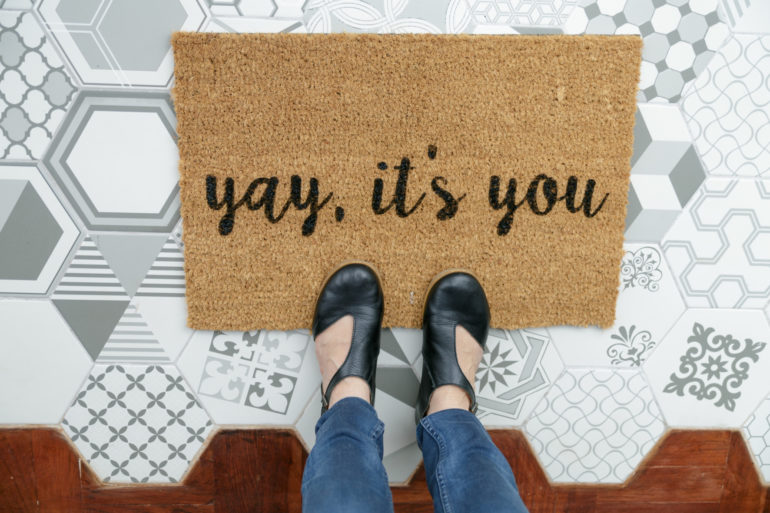 DIY Painted stenciled doormat tutorial with moroccan inspired hexagonal floor tiles