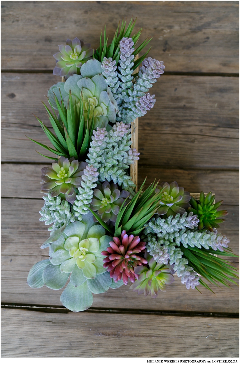 Arranging artificial succulents in a monogram planter