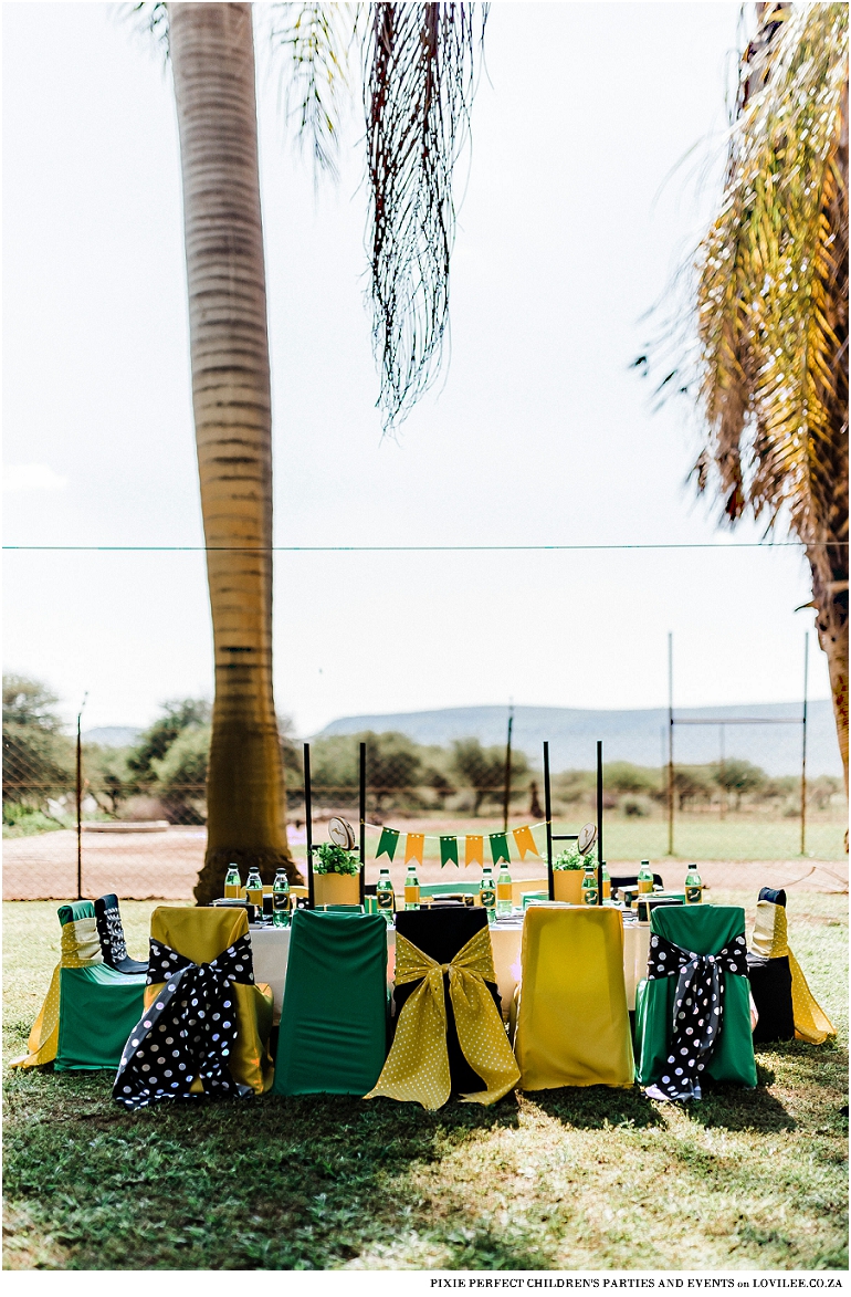 Kids party table in a green and gold theme on a farm setting