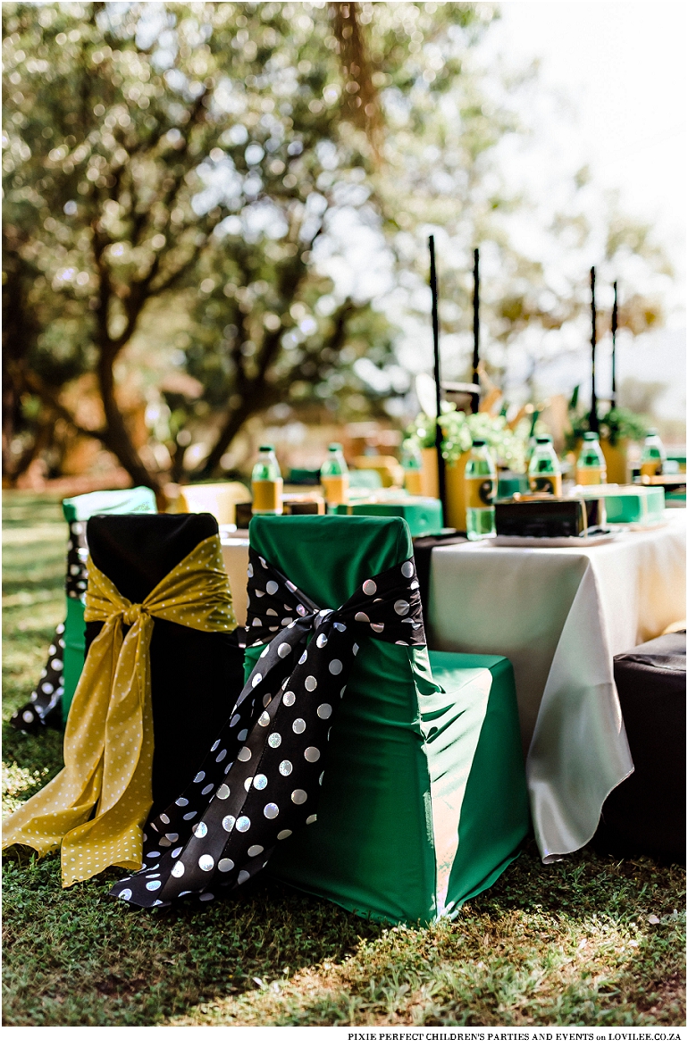 Kids party table in a green and gold theme on a farm setting