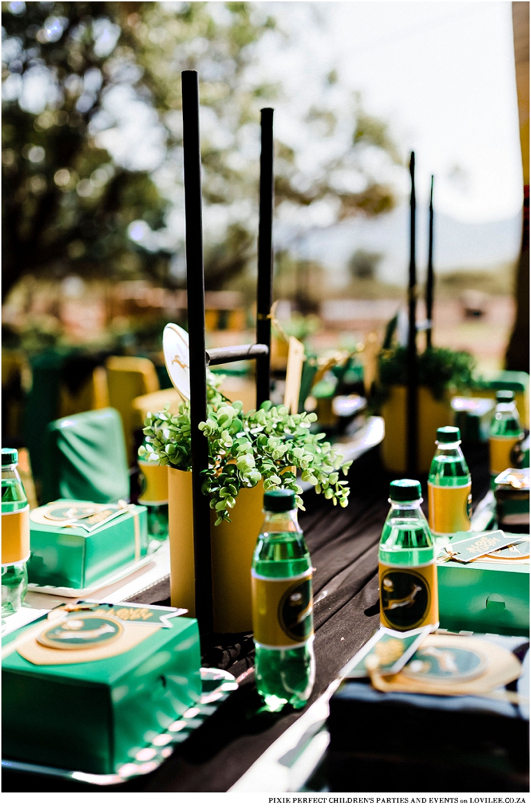 Kids party table in a green and gold theme on a farm setting